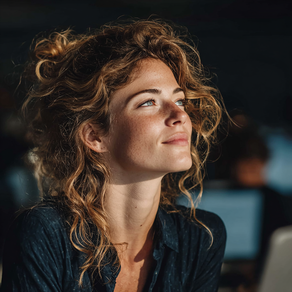 Professional woman taking a break from computer work, looking away from screen in good lighting